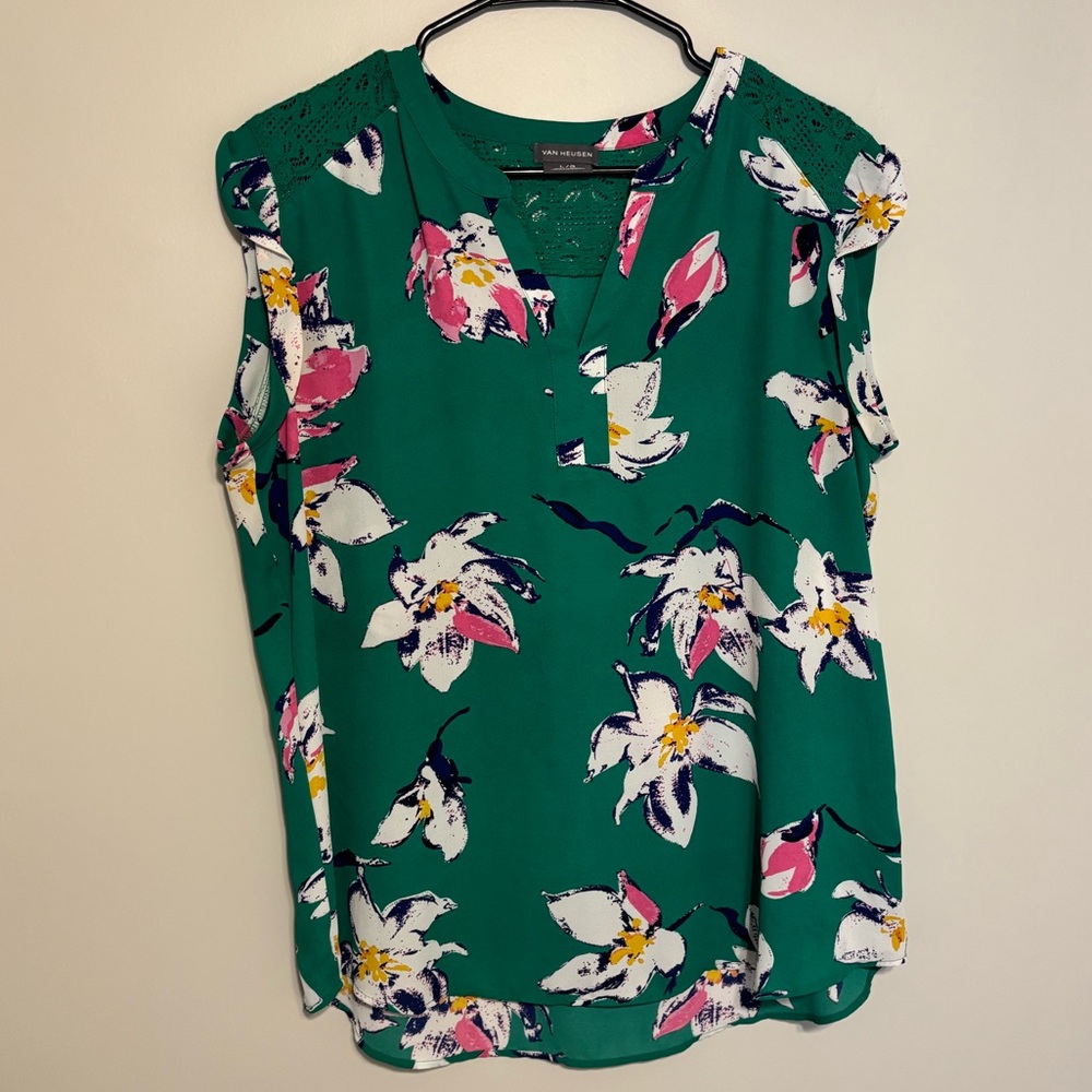 Van Heusen Green Floral Sleeveless Blouse, Good Condition